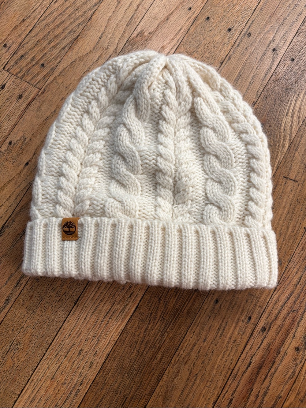 Timberland Kids Cream Cable-Knit Beanie with Logo Patch